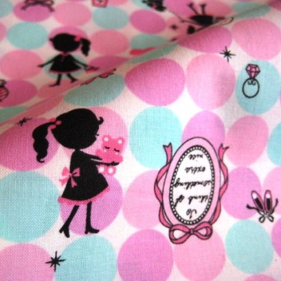 **Sales** ผ้า cotton ญี่ปุ่น ลาย lovely girl Collection โทนสี ชมพู-ฟ้า ขนาด 1/4 เมตร (50*55 ซม.)