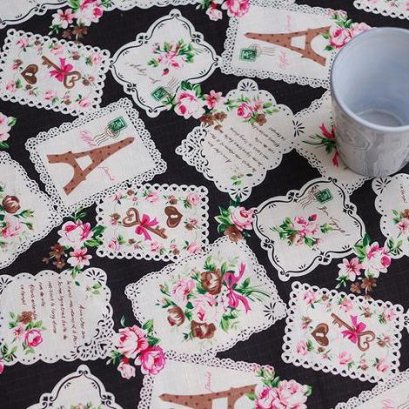 ผ้า cotton &amp; linen ลาย tower rose lace key โทนดำ ขนาด 1/4 เมตร (50*55 ซม.)