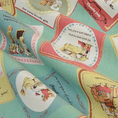 ผ้า cotton linen ญี่ปุ่นลายเด็กแนว Vintage พื้นฟ้า ขนาด 1/4 เมตร (50*55 ซม.)