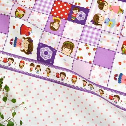 ผ้าบล๊อค Cotton ญี่ปุ่น ลาย Girl Pop Fun โทนม่วง  ขนาด 50 * 110 cm.