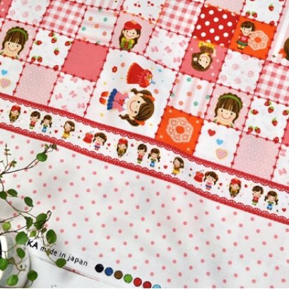 ผ้าบล๊อค Cotton ญี่ปุ่น ลาย Girl Pop Fun โทนชมพู  ขนาด 50 * 110 cm.