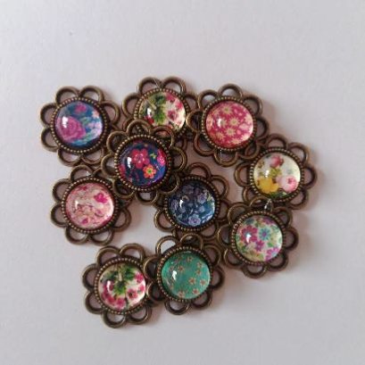 หัวซิปภาพติดกระจกพร้อมห่วง ลายดอก ขนาด 14 mm. 4 ชิ้น/set