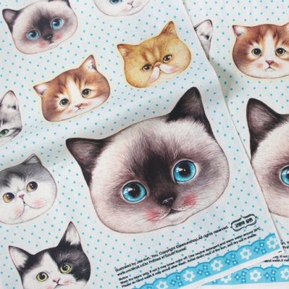 ผ้าฝ้ายผสมลินินเกาหลี หัวแมวเหมียว no.2 ขนาด 45 x 65 cm.