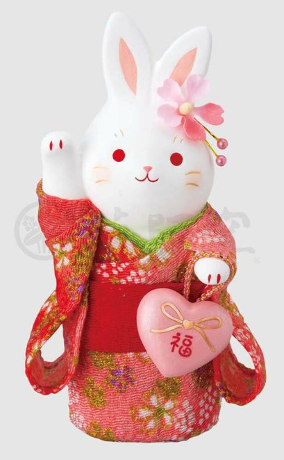 กระต่ายกิโมโนสีชมพูยืน กวักขวา