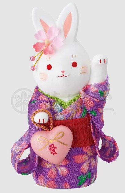 กระต่ายกิโมโนสีม่วงยืน กวักซ้าย