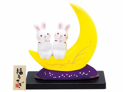 กระต่ายหมายจันทร์  แบบคู่ ประดับคริสตัล พร้อมฐานรอง