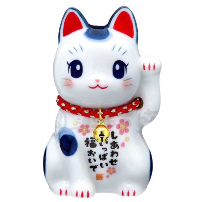 แมวกวักตาแบ๊วแบบการ์ตูน เซรามิคเนื้อสีฟ้า กวักซ้ายเรียกคนเข้ามาหา เรียกมิตรภาพ ความรัก