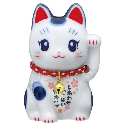 แมวกวักตาแบ๊วแบบการ์ตูน เซรามิคเนื้อสีฟ้า กวักซ้ายเรียกคน ความสัมพันธ์ดีๆ