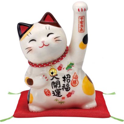 แมว 3 สี เซรามิคเนื้อเงา กวักซ้ายสูงเหนือหัว