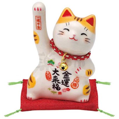 แมวสีเหลือง-ขาว เซรามิคเนื้อเงา กวักขวาสูงเหนือหัว