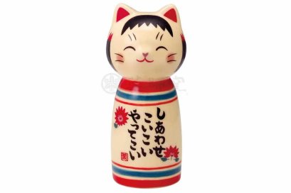 แมวตุ๊กตา kokeshi นำโชคดี แถบน้ำเงินดอกไม้สีแดง