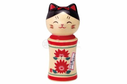แมวตุ๊กตา kokeshi  แมวติดโบว์แดง เพ้นท์ลายดอกไม้