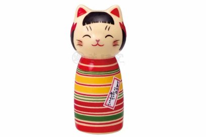 แมวตุ๊กตา kokeshi  ทรงผมหน้าม้า เสื้อผ้าลายแถบ