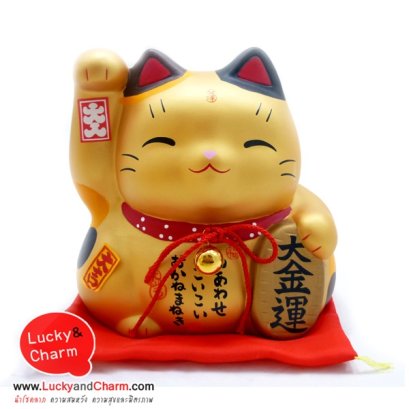 แมวสีทองเป็นมงคล ถือเหรียญทอง กวักขวา ขนาดใหญ่ เรียกทรัพย์มากมายๆ 16.5 CM