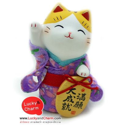 แมวสามสียืนกวักกิโมโนสีม่วง กวักขวา 10 CM