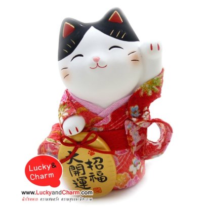 แมวสามสียืนกวักกิโมโนสีชมพู-แดง หูดำ กวักซ้าย10 CM