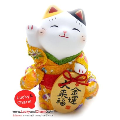 แมวสามสียืนกวักกิโมโนสีเหลือง กวักขวา เรียกเงินทอง 10 CM