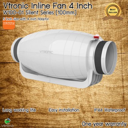 Vtronic Super Silent Exhaust Inline Fan 100mm (W100S-01) ขนาด 5 นิ้ว (5 Inch) พร้อมหัวแปลง 4 นิ้ว with Adapter 4 Inch พัดลมระบายอากาศสำหรับภายในภายนอก ครัว เต้นท์ปลูก ฯ ลฯ