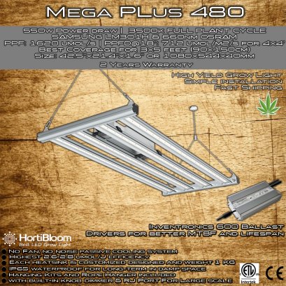 HORTIBLOOM MEGA PLUS 480 Best LED Grow Light Actual 550W Full Spectrum High PPF 1KG Custom-designed heat sink Durable High Yield Grow Light 2 Years Warranty