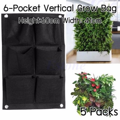 แพ็ค 5! 6-ช่อง ถุงปลูกต้นไม้ Pocket Grow Bag แบบแขวน (แนวตั้ง) สำหรับการปลูกต้นไม้ สูง 60cm กว้าง 41cm ใช้ได้ทั้งภายในและภายนอก 5 packs 6-Pockets Vertical Wall Garden Planter Grow Bag for Flower Vegetable for Indoor/Outdoor  Height 60cm Width 41cm