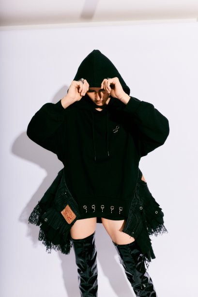 RECONSTRUCTED DENIM LACE HOODIE