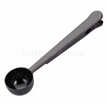 ช้อนตวงกาแฟสแตนเลสพร้อมคลิปหนีบถุงสีดำ
