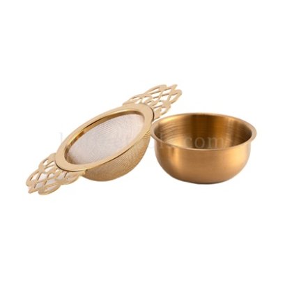 ที่กรองชาสแตนเลส304 มีถ้วยรอง สีทอง