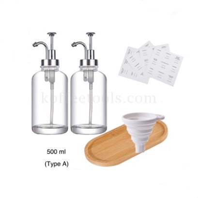 ชุดขวดcoffee syrup dispenser ฝาเงิน 500 ml (2ขวด+coffee label +ถาดไม้) type A
