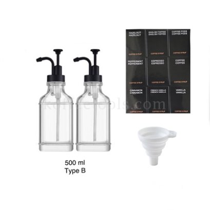 ชุดขวดแก้วเหลี่ยม coffee syrup dispenser ฝาดำ 500 ml (2ขวด+coffee label ) type B