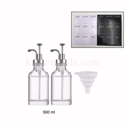 ชุดขวดแก้วเหลี่ยม coffee syrup dispenser ฝาเงิน 500 ml (2ขวด+coffee label 2 แผ่น)