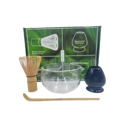 ชุดเซ็ตทำมัทฉะถ้วยชงชาแก้วใส ปากเท(ที่วางแปรงสีดำ)