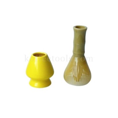 ชุดแปรงชงชาพลาสติก pp สีเหลือง+ที่วางแปรงชงชา สีเหลือง ชุดประหยัด