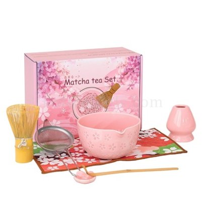 ชุดเซ็ตทำมัทฉะ สีชมพูดอกไม้ญี่ปุ่น ชุดพิเศษ