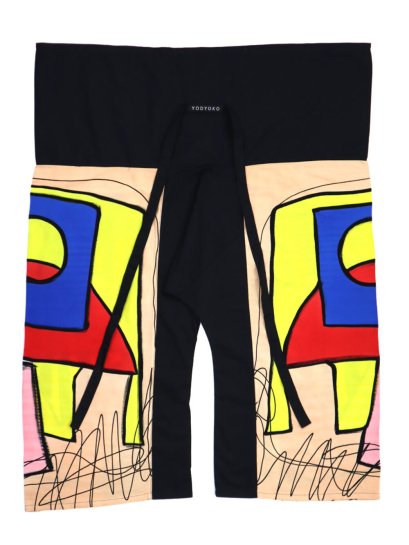 กางเกงเลสีเบจ : ลายศิลปะแอปสแตรคกับสีเหลือง สีน้ำเงิน และสีแดง