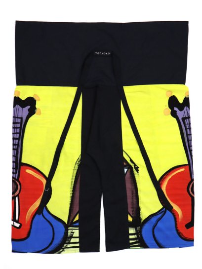 กางเกงเลสีเหลือง : ลายกีตาร์สีแดงและน้ำเงินบนพื้นหลังสีเหลืองสดใส