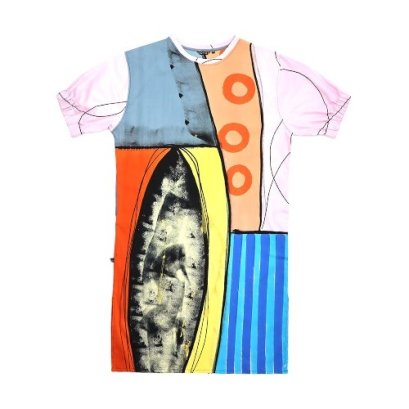 เดรสสีชมพู : ลายแอปแสตรกบล็อกหลากสี