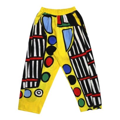Woman Cropped ankle pants - Yellow : Black ,white and red stripes with multicolor circles