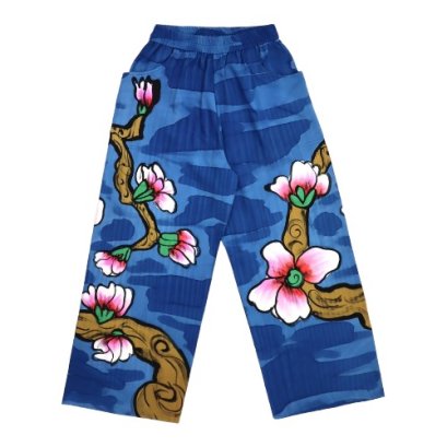 กางเกงลำลองขายาวสีน้ำเงิน : ลายดอกท้อสีชมพู