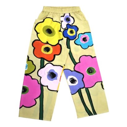 กางเกงลำลองขายาวสีครีม : ลายดอกไม้หลากสี