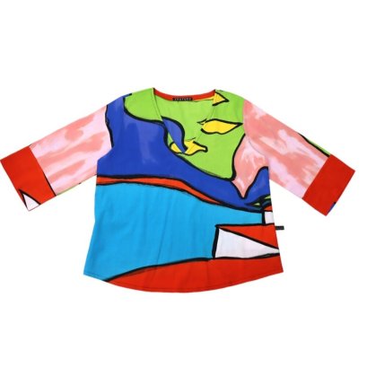 Woman V Neck Long Sleeve Blouse - Multicolor : Abstract art blue,red and green
