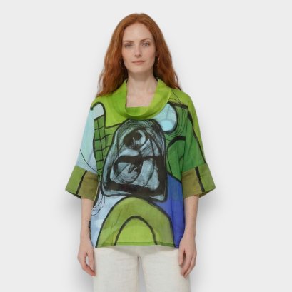 เสื้อผู้หญิงคอเต่า - สีเขียว : ลายแอปสแตรคสีน้ำเงินและสีเขียว