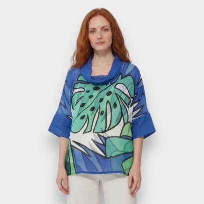 Woman Blouse Turtle Neck - Blue : Large green leaf
