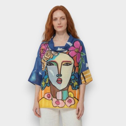 Woman Blouse Turtle Neck - Blue : Floral Muse