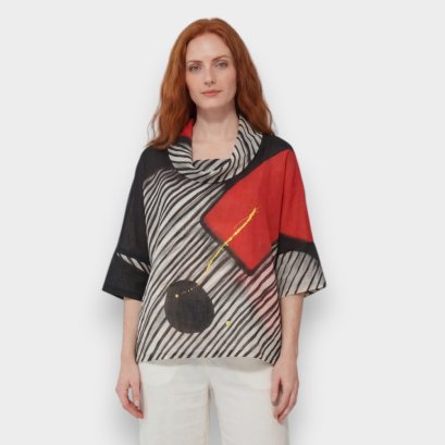 Woman Blouse Turtle Neck - Black :  Red with black stripes