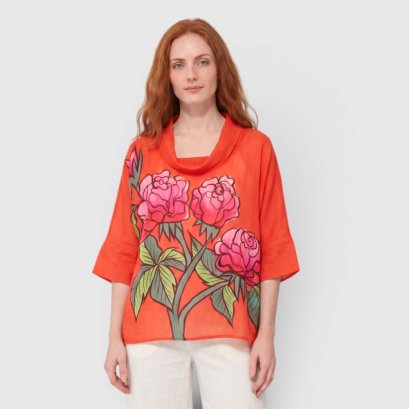 Woman Blouse Turtle Neck - Red : The Crimson Rose Bloom
