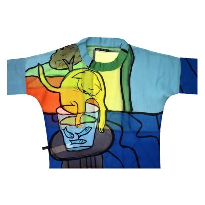Woman Blouse Turtle Neck - Blue : Cat and fish in a jar