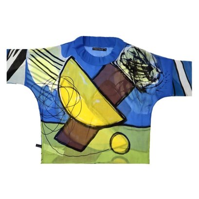 Woman Blouse Turtle Neck - Blue : Yellow and brown Abstract