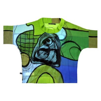 Woman Blouse Turtle Neck - Green : Blue and Green Abstract