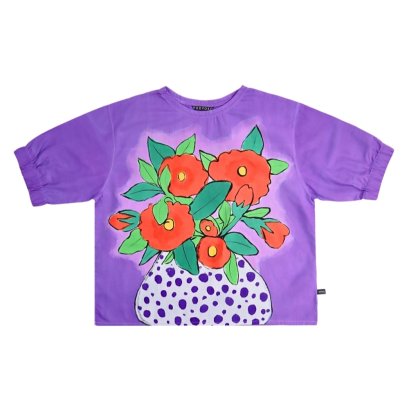 Woman Elastic Sleeve Blouse - Purple : The Purple Dots & Orange Bloom