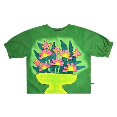 Woman Elastic Sleeve Blouse - Green : The Cheerful Meadow Vase